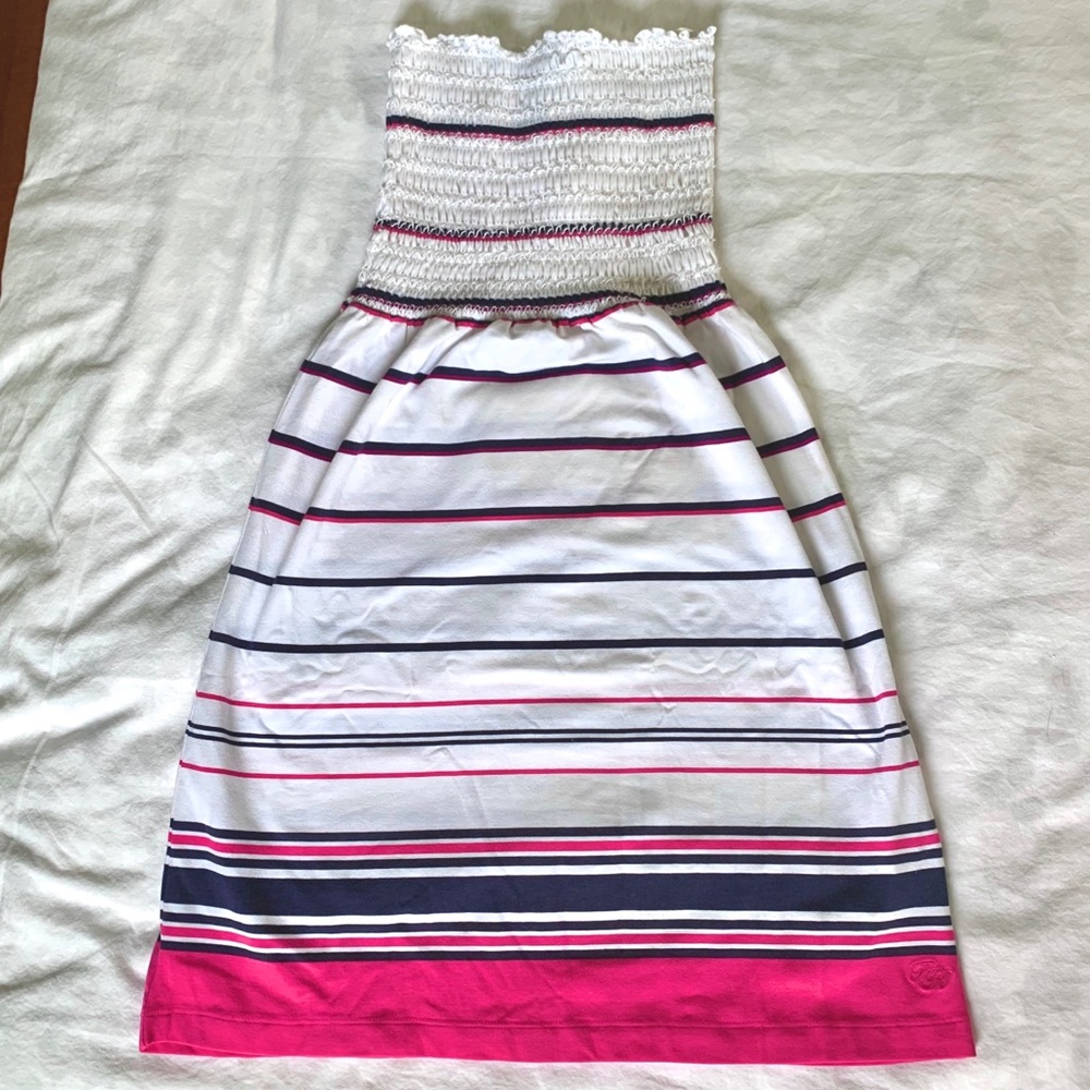 Tommy Hilfiger Ruched Striped Strapless Mini Dress